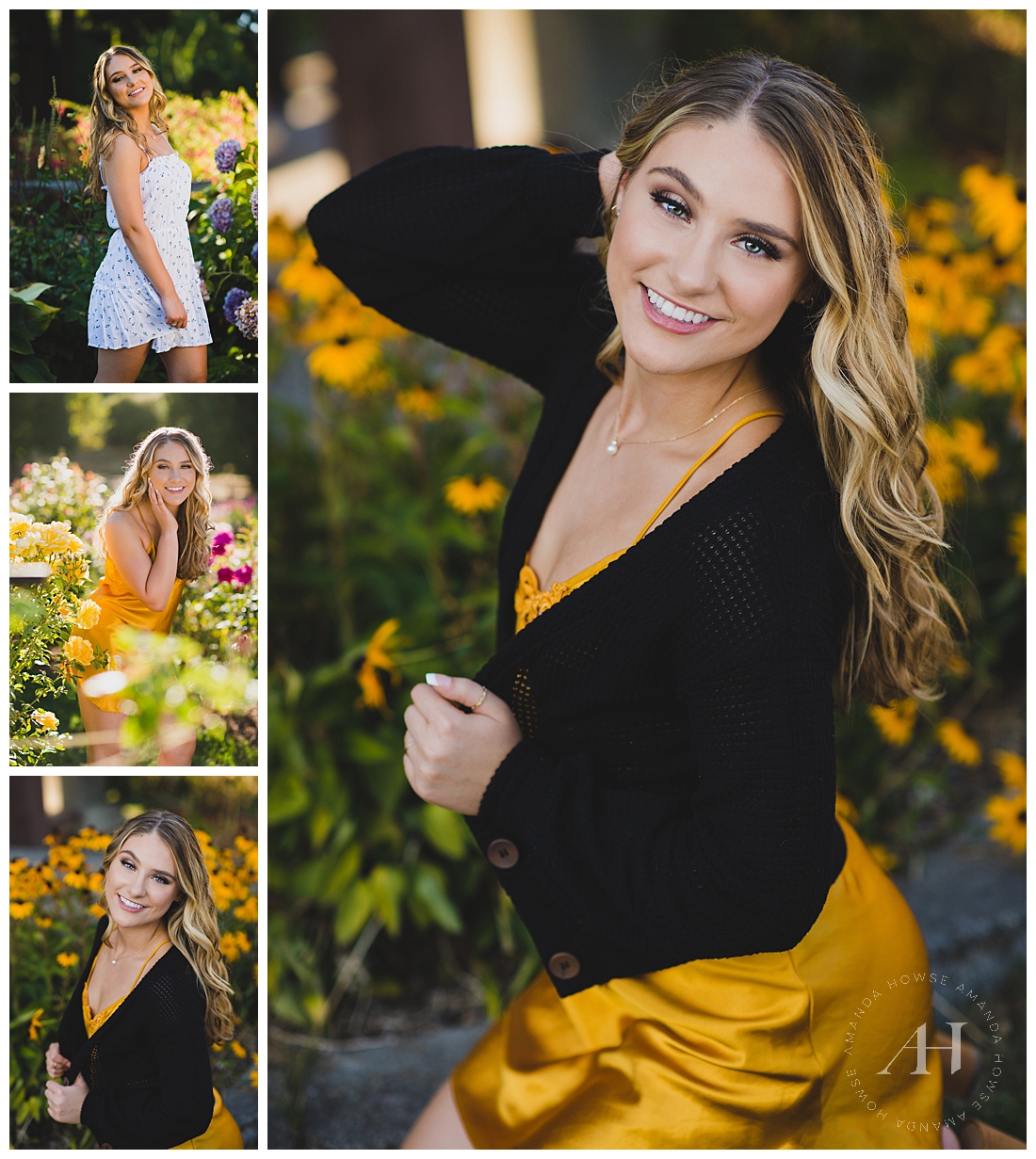 Point Defiance Rose Garden Portraits of High School Senior Girl | How to Style a Silk Slip Dress, Yellow Silk Dress and Black Cardigan, Outfit Inspiration for Outdoor Senior Portraits | Photographed by Tacoma's Best Senior Photographer Amanda Howse | Amanda Howse Photography