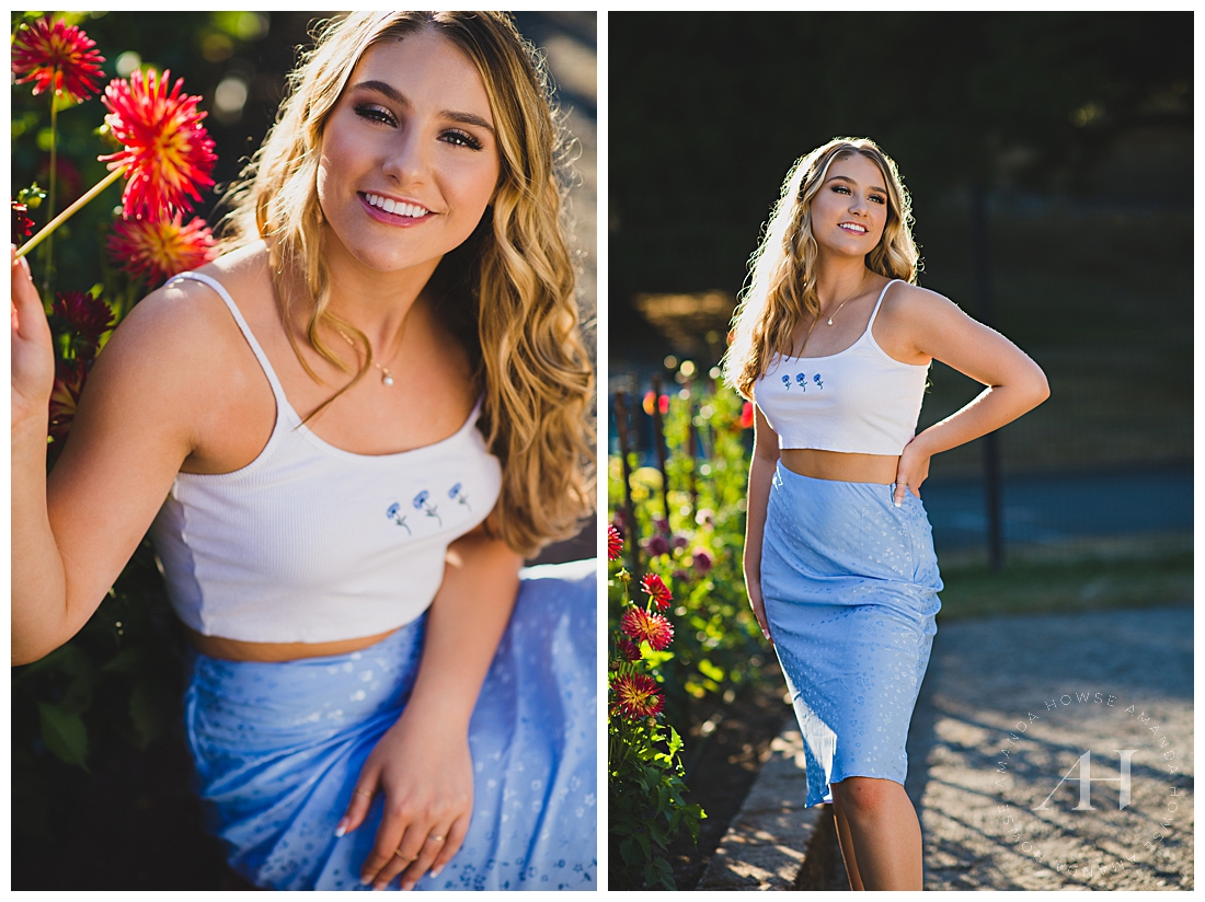 How to Style a Skirt and Crop Top for Senior Portraits | Point Defiance Rose Garden Senior Portraits, Pose Ideas for Seniors, Professional Hair and Makeup in Tacoma | Photographed by Tacoma's Best Senior Photographer Amanda Howse | Amanda Howse Photography