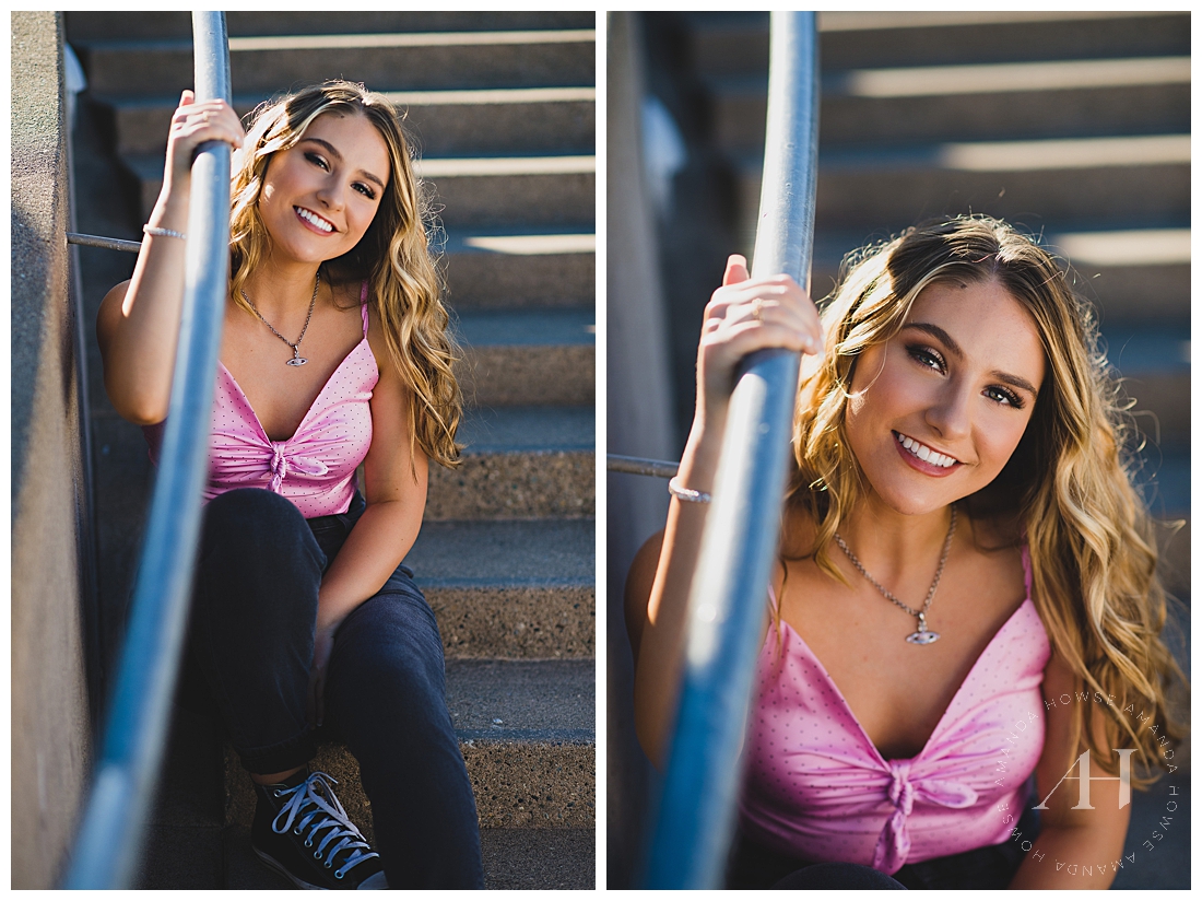 Cute Senior Portraits on the Steps | How to Style a Crop Top for Senior Portraits, Casual Outfit Ideas, Hair and Makeup for High School Seniors | Photographed by Tacoma's Best Senior Photographer Amanda Howse | Amanda Howse Photography