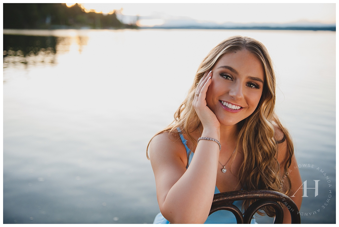 Sunset Senior Portraits by the Water | Pose Ideas for Senior Portraits, How to Style a Blue Dress for Senior Portraits, Hair and Makeup for Senior Portraits | Photographed by Tacoma's Best Senior Photographer Amanda Howse | Amanda Howse Photography