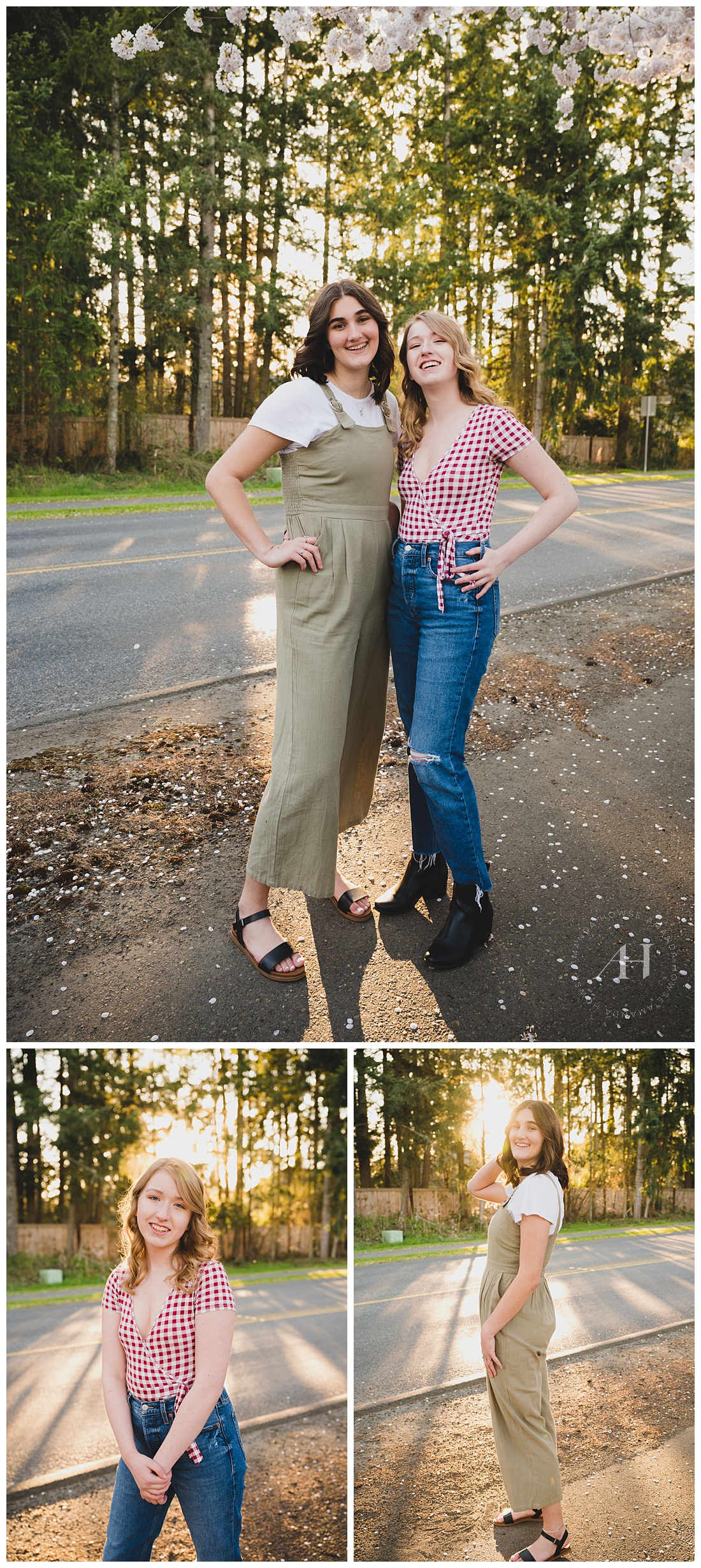 Outfit Ideas for Cherry Blossom Portraits | How to Style Overalls, Spring Outfits for High School Seniors, Hair and Makeup Ideas for Spring Senior Portraits | Photographed by Amanda Howse Photography