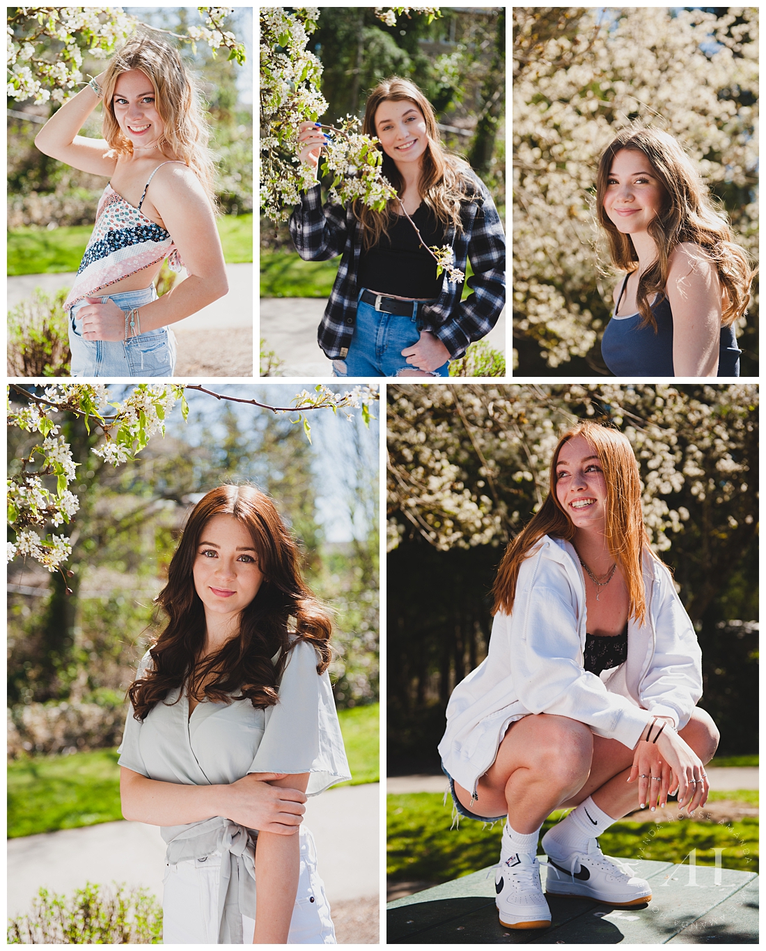 Kent Senior Portraits with Cherry Blossoms | AHP Model Team, Pose Ideas for Senior Portraits, Outfit Inspo for Casual Spring Portraits | Photographed by Tacoma Senior Portrait Photographer Amanda Howse