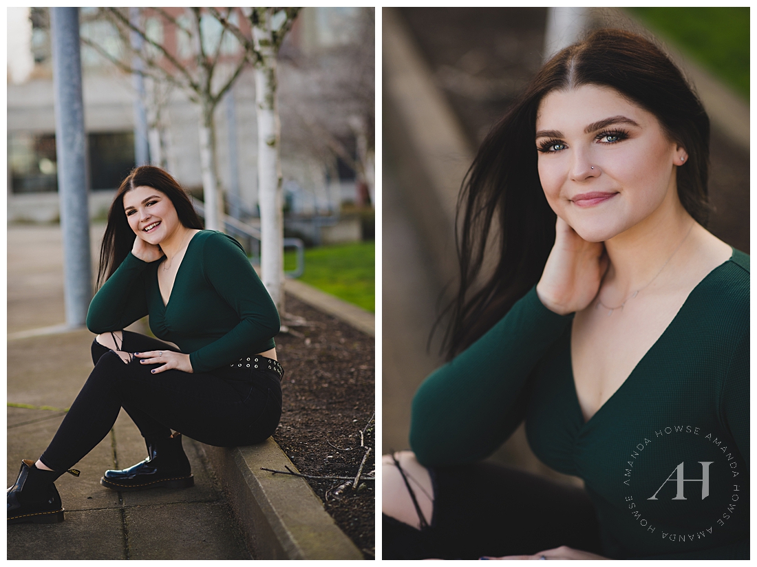 Outdoor Museum of Glass Senior Portraits in Tacoma | Cute Outfit Ideas for Modern Teens, Senior Portraits, Winter Senior Session | Photographed by Tacoma's Best Senior Portrait Photographer Amanda Howse Photography
