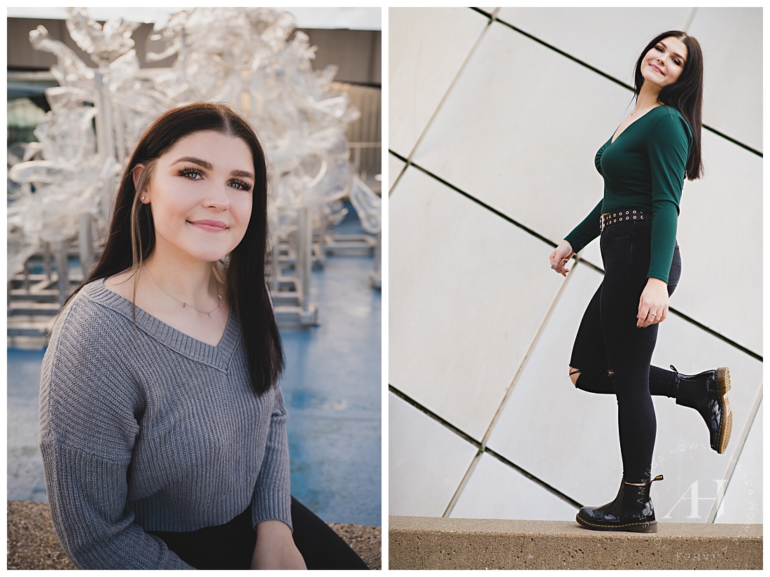Senior Photos with Museum of Glass Sculptures in the Background | Tacoma Senior Portraits with Modern Architecture | Photographed by Tacoma's Best Senior Portrait Photographer Amanda Howse Photography