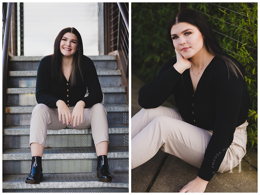 Senior Portraits on Metal Steps | How to Pose for Senior Portraits, Modern Senior Session in Tacoma | Photographed by Tacoma's Best Senior Portrait Photographer Amanda Howse Photography