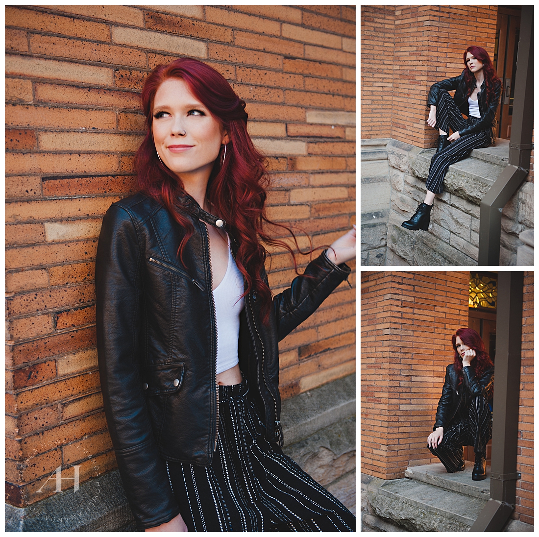 Cute Senior Portraits with Brick Wall | The Best Outfits for Senior Portraits, How to Style a Leather Jacket | Photographed by Tacoma's Best Senior Portrait Photographer Amanda Howse