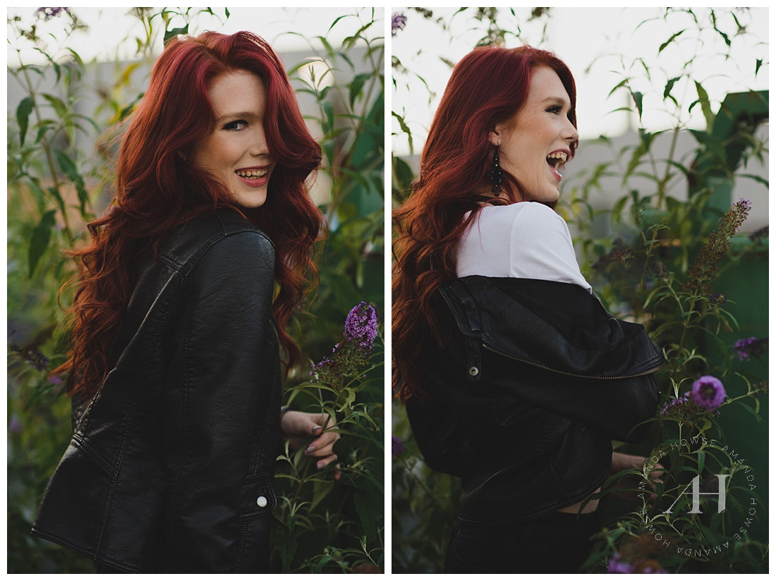 Smiling High School Senior with Red Hair | How to Style a Leather Jacket | Photographed by Amanda Howse Photography