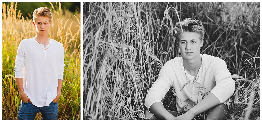High School Senior Guy Standing in Grassy Field | Rustic Senior Portraits, Outfit Inspo for Senior Portraits, Pose Ideas for Guys, Senior Portraits in Tacoma | Photographed by Tacoma's Best Senior Photographer Amanda Howse