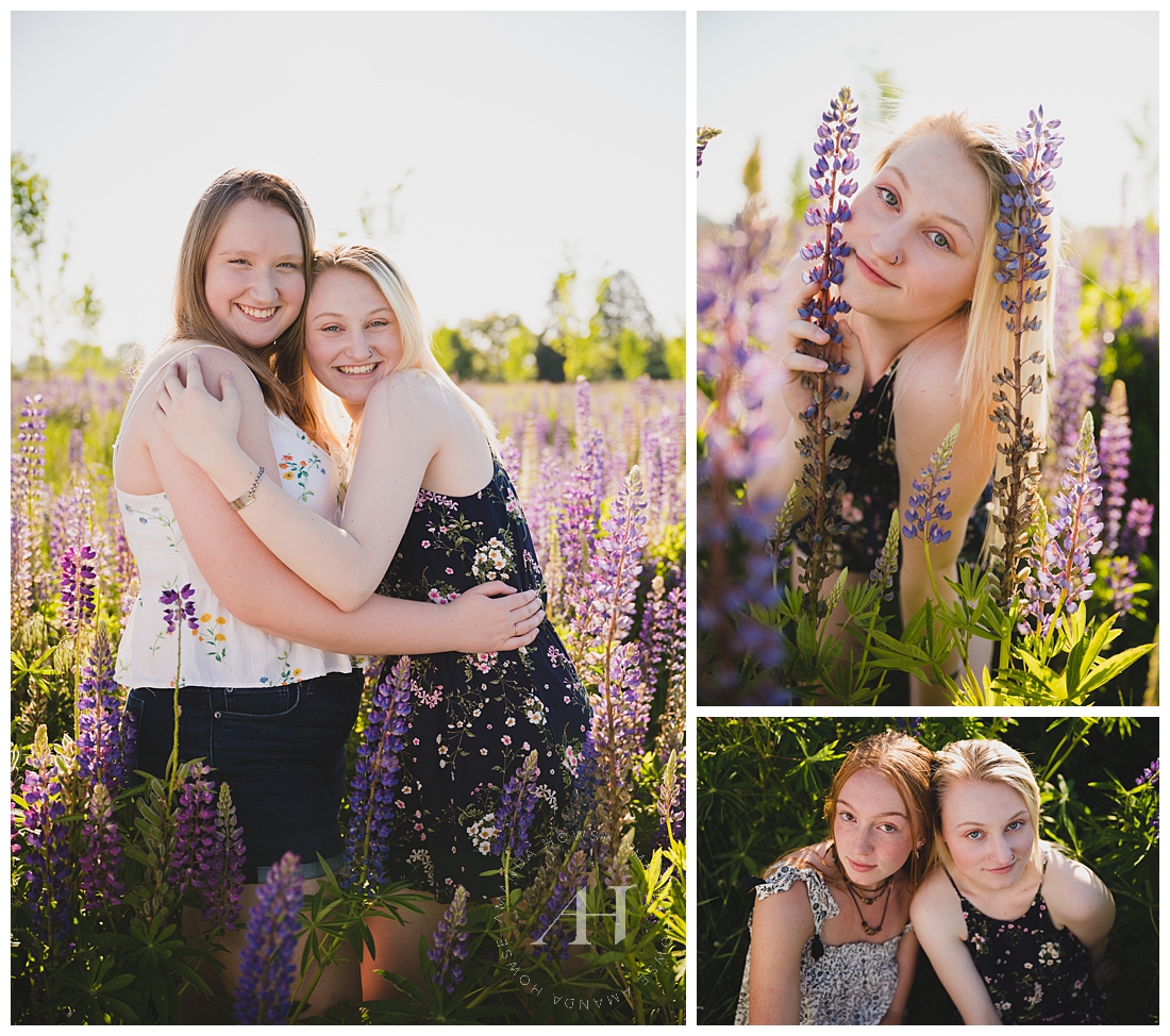 AHP Model Team Girls in a Lupine Field | Pose Ideas for Group Photoshoots, Summer Portraits, High School Seniors, Summer Outfit Inspiration | Photographed by Amanda Howse Photography