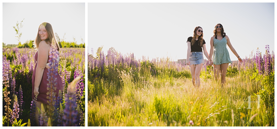 Holding Hands in a Flower Field | Pose Ideas for Friendship Portraits | Summer Dresses for Senior Portraits, Hair and Makeup Inspo | Photographed by the Best Tacoma Senior Photographer Amanda Howse