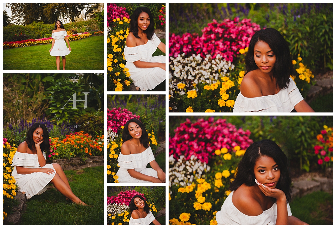 Bright Garden in Tacoma for Senior Portraits | White Dress Styling Ideas, Hair and Makeup for Senior Portraits in Tacoma, Pretty Flowers | Photographed by Tacoma Senior Photographer Amanda Howse Photography