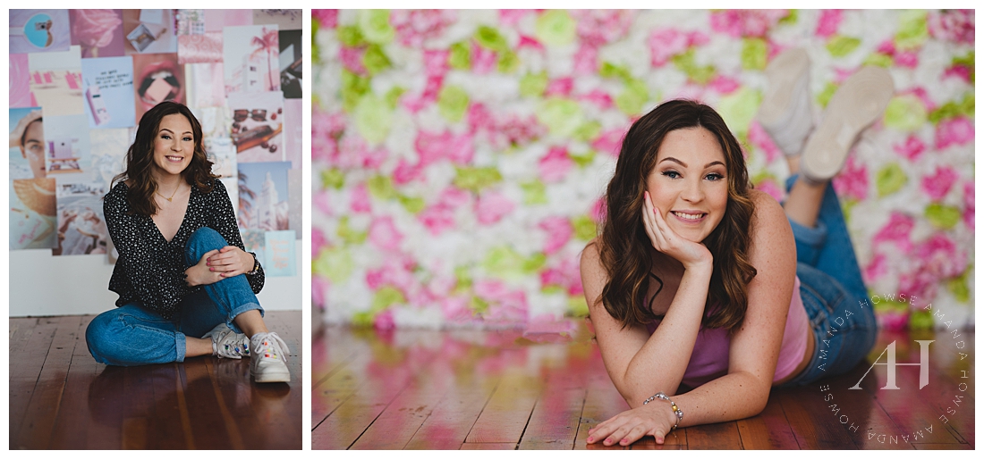 Studio 253 Portraits in Downtown Tacoma | Collage Wall by Tezza, Floral Wall, Studio Senior Portraits, Indoor Senior Portraits | Photographed by the Best Tacoma Senior Photographer Amanda Howse