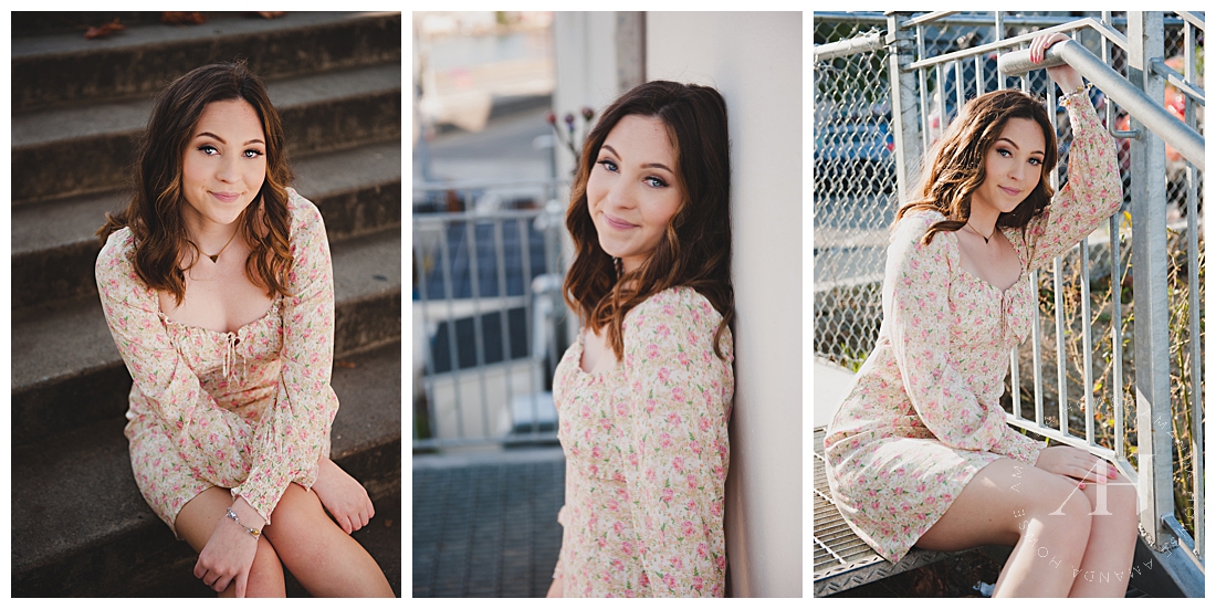 Cute Floral Dress for Senior Portraits | Senior Portraits on the Steps, Tacoma City Portraits, Opera Alley | Photographed by the Best Tacoma Senior Photographer Amanda Howse
