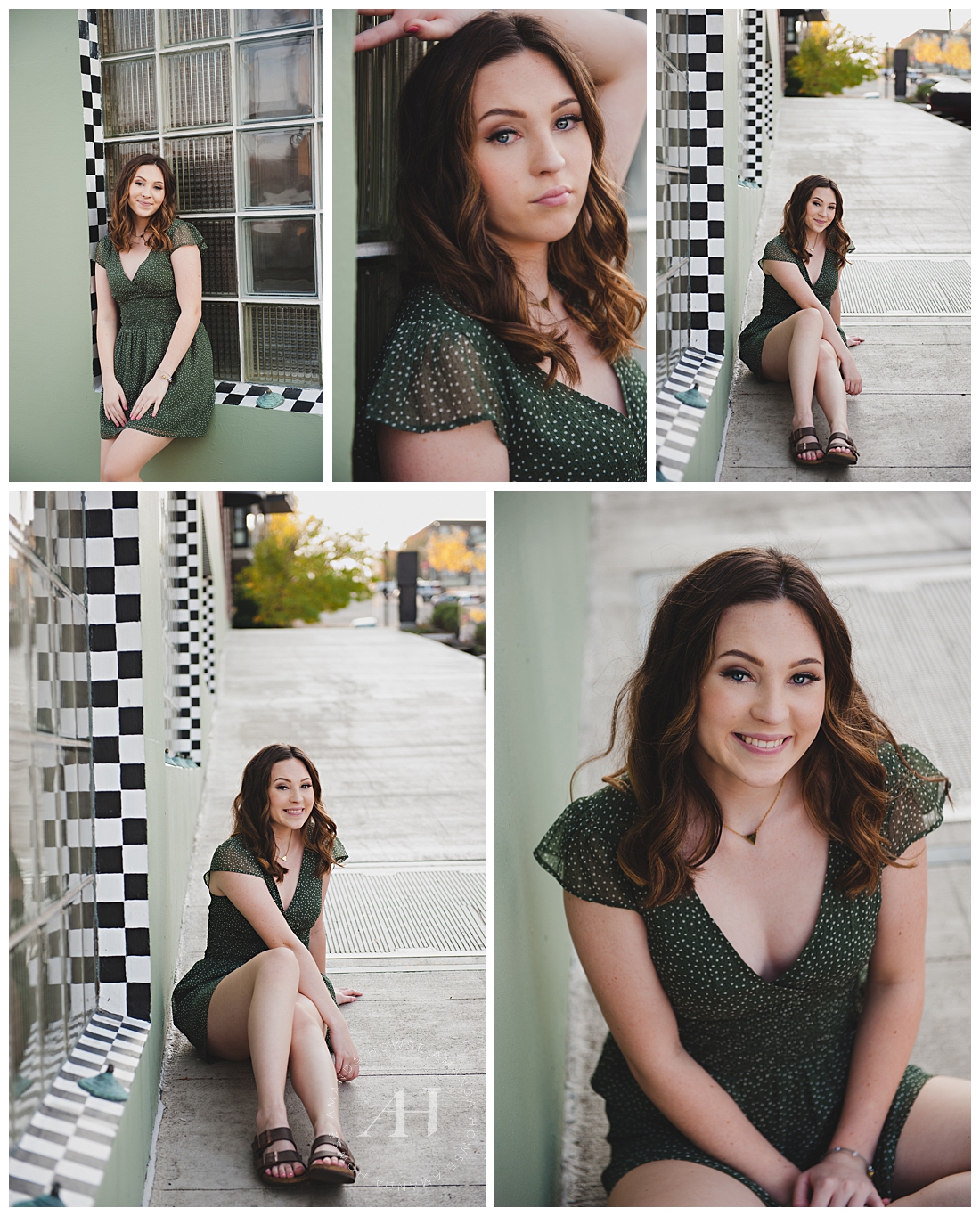 Cute Senior Portraits in a Green Dress | Style Inspo for High School Seniors, Pose Ideas for Senior Girls, Downtown Tacoma Portraits | Photographed by the Best Tacoma Senior Photographer Amanda Howse