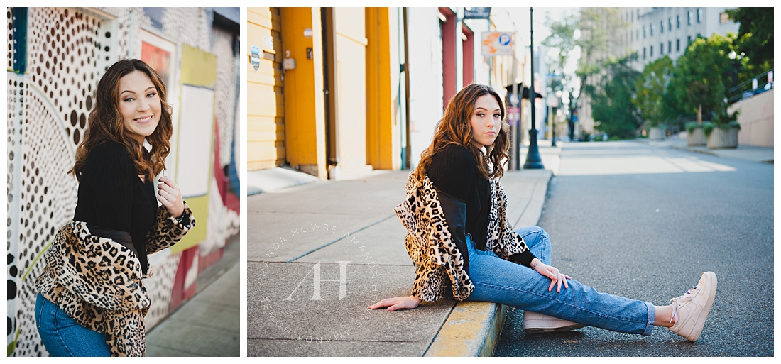 Urban Portraits in Tacoma | Pose Ideas for Senior Portraits, City Street Portraits, How to Style Jeans and Leopard Print | Photographed by the Best Tacoma Senior Photographer Amanda Howse