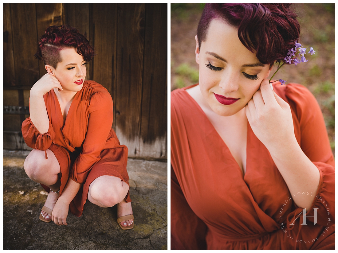 Senior Portraits in a Burnt Orange Wrap Dress | How to Style a Pixie Cut for Senior Portraits, Outfit Ideas for Outdoor Portraits | Photographed by the Best Tacoma Senior Photographer Amanda Howse Photography