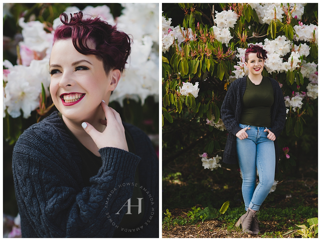 Smiling Senior Portraits in a Garden | What to Wear for Senior Portraits, How to Style Outfits for Senior Portraits, Hair and Makeup Ideas for High School Seniors | Photographed by the Best Tacoma Senior Photographer Amanda Howse Photography