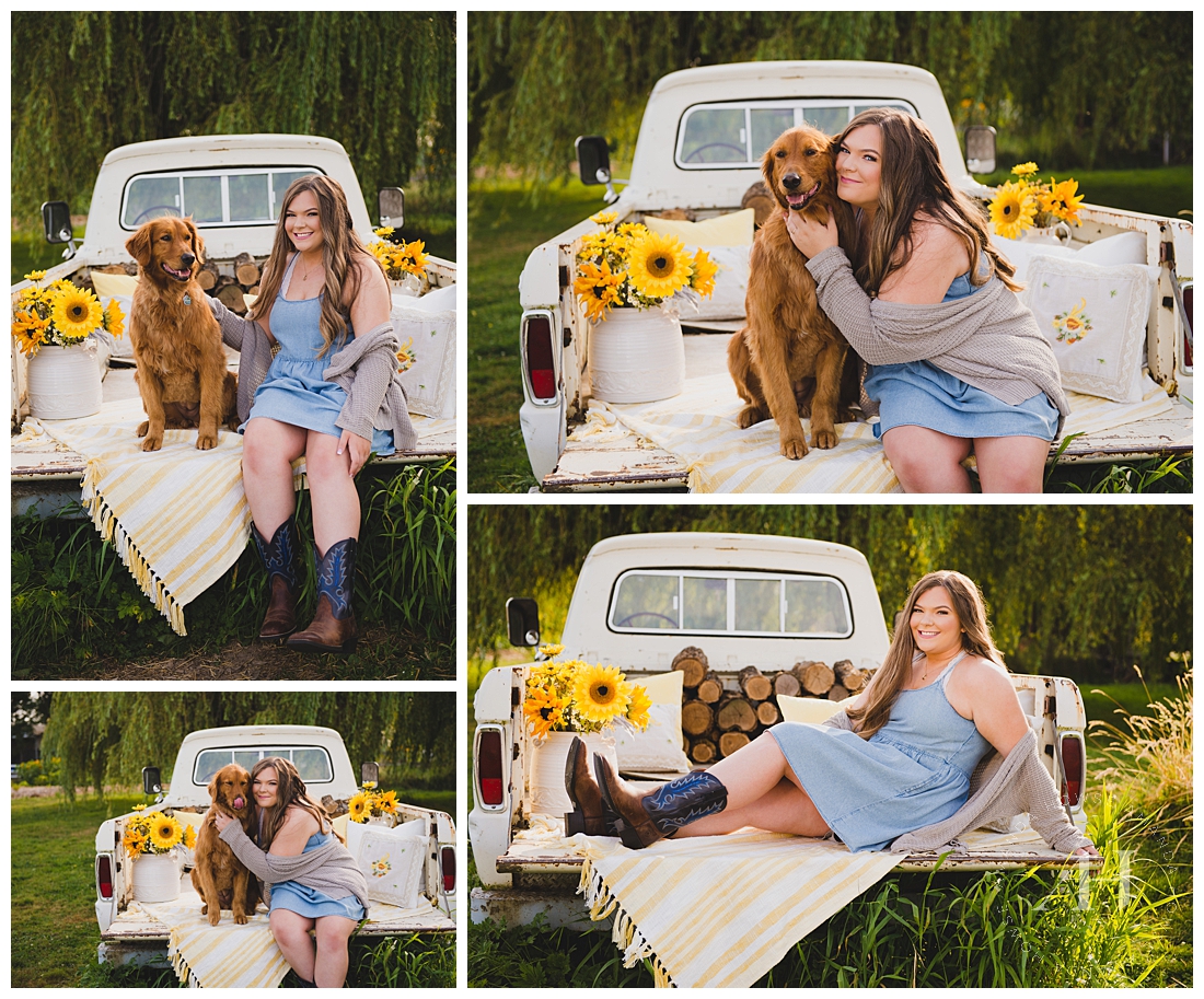 Senior Portraits with Your Dog | Vintage White Truck with Sunflowers for Senior Portraits, How to Style Cowboy Boots for Senior Portraits, Summer Session at Wild Hearts Farm | Photographed by the Best Tacoma Senior Photographer Amanda Howse Photography