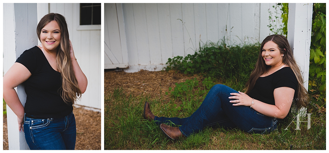 White Barn for Senior Portraits in Tacoma | Wild Hearts Farm. Rustic Senior Portraits, How to Style Cowboy Boots for Portraits | Photographed by the Best Tacoma Senior Photographer Amanda Howse Photography