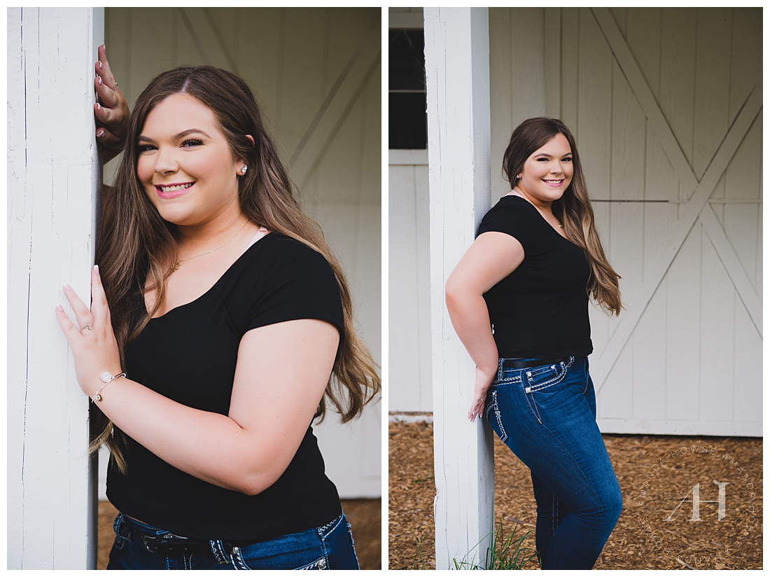 Senior Portraits in Front of a White Barn | Wild Hearts Farm Senior Session, How to Style a T-Shirt and Jeans | Photographed by the Best Tacoma Senior Photographer Amanda Howse Photography