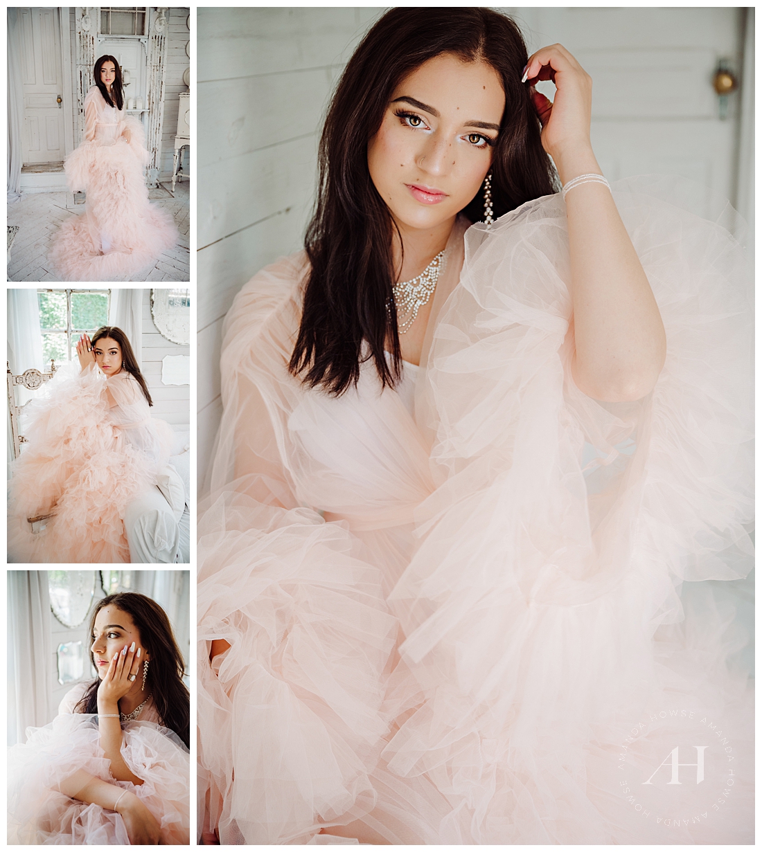 Brunette Model in a Pink Tulle Robe | How to Style a Glam Shoot at My Little White House | Photographed by the Best Tacoma Senior Photographer Amanda Howse Photography