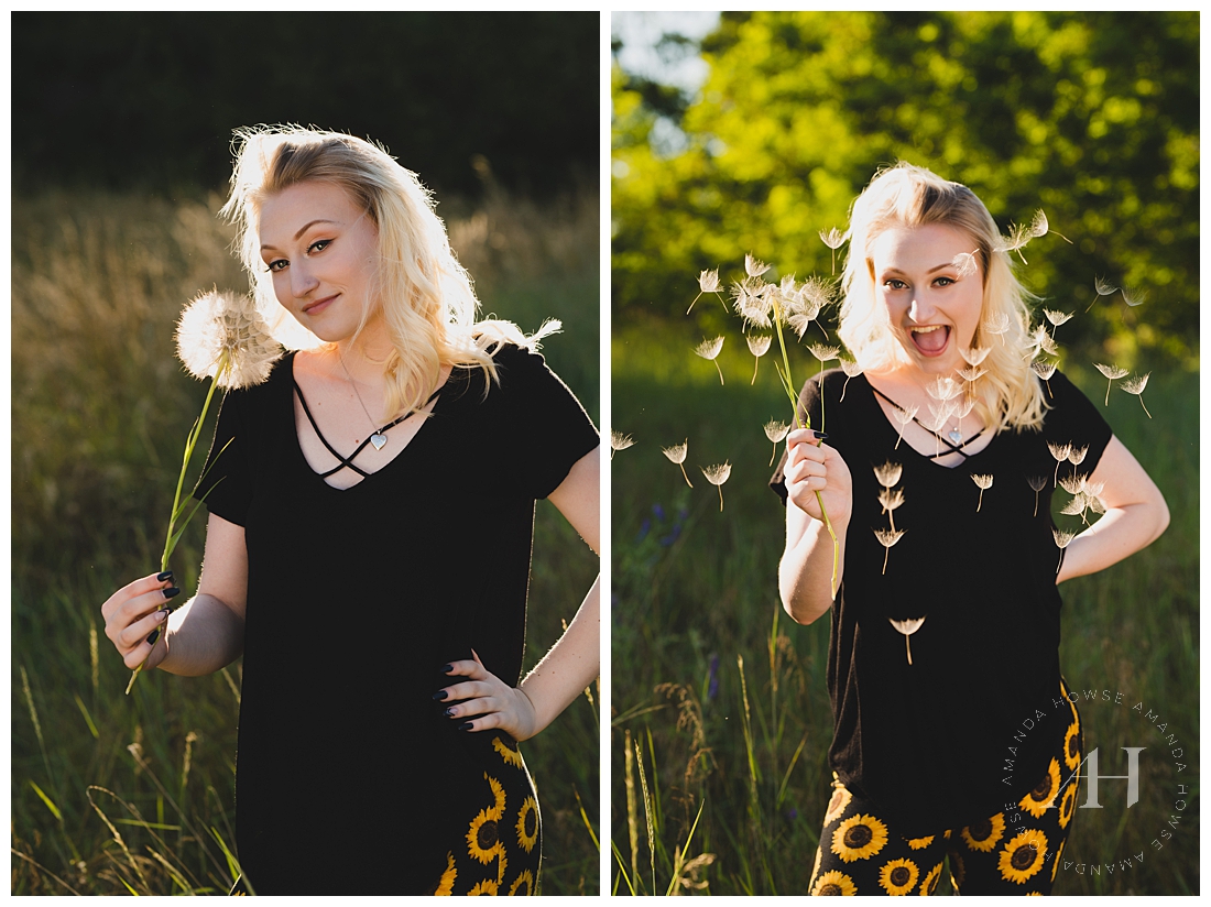 Senior Portraits Blowing Dandelions | Candid Senior Portraits | Photographed by the Best Tacoma Senior Portrait Photographer Amanda Howse Photography