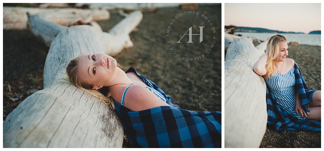 Blue Hour Senior Portraits on the Beach | Senior Girl Cozied Up with a Pendleton Blanket near Driftwood | Photographed by the Best Tacoma Senior Portrait Photographer Amanda Howse Photography
