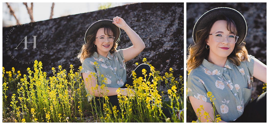 Floral Senior Portraits | How to Style a Hat for Senior Portraits, Floral Outfit Inspiration, Pose Ideas for Senior Photos | Photographed by the Best Tacoma Senior Photographer Amanda Howse Photography