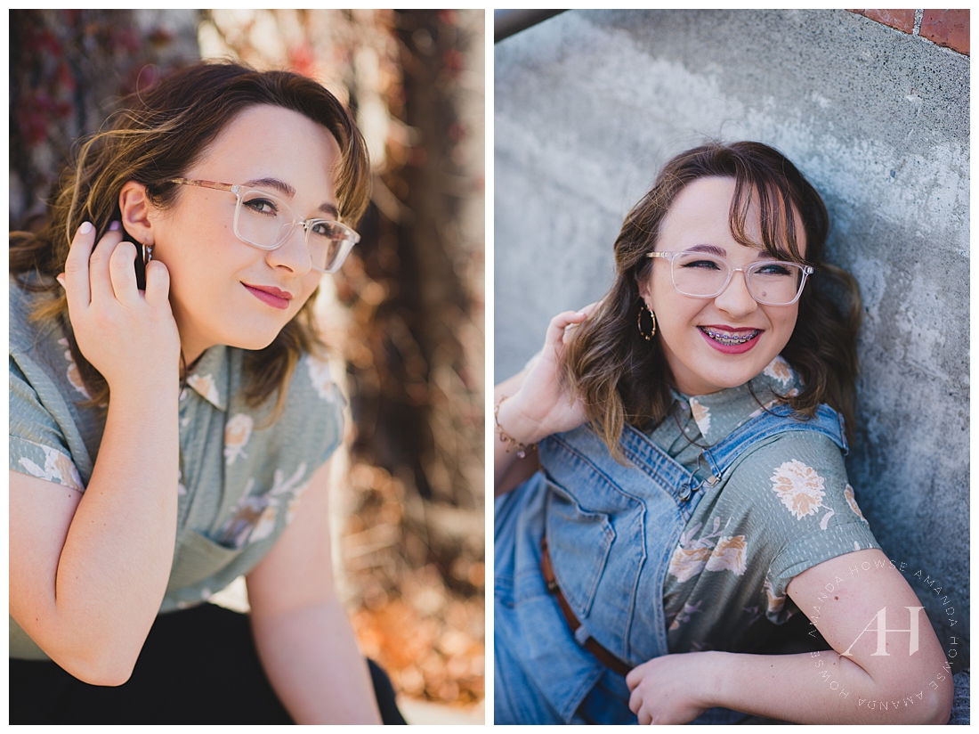 Spring Senior Portrait Ideas | How to Style Overalls, Floral Blouse, Senior Portraits with Accessories | Photographed by the Best Tacoma Senior Photographer Amanda Howse Photography