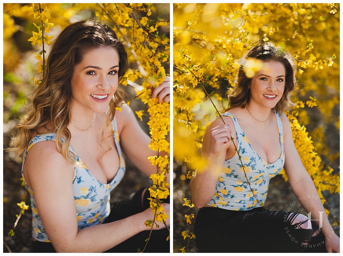 Bright and Cheerful Senior Portraits | Ideas for High School Seniors, Blooming Yellow Tree, Floral Blouse | Photographed by the Best Tacoma Senior Portrait Photographer Amanda Howse Photography 