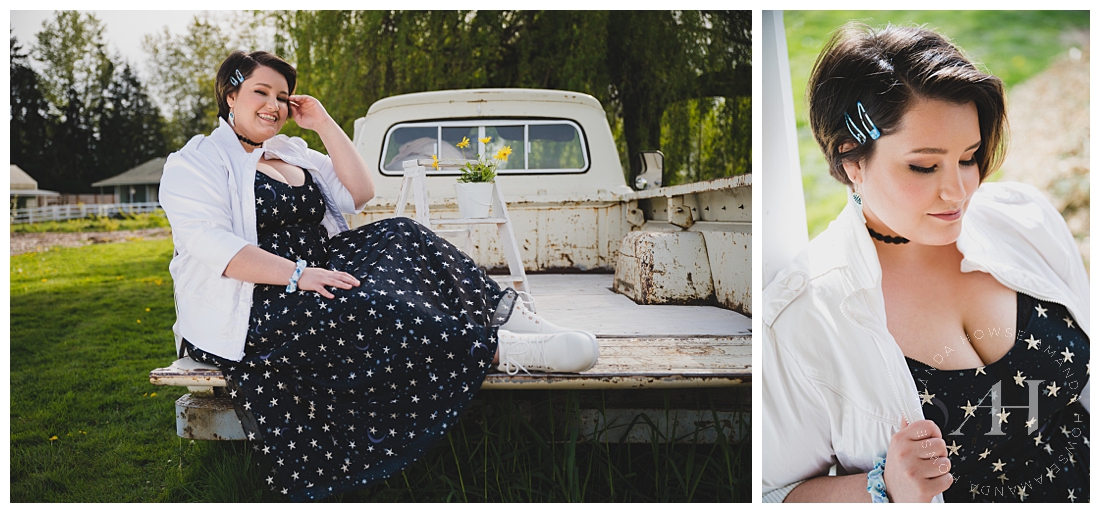 Fun Senior Portraits in a Pickup Truck | Vintage Truck for Portraits at Wild Hearts Farm, Spring Portrait Session | Photographed by the Best Tacoma Senior Photographer Amanda Howse Photography