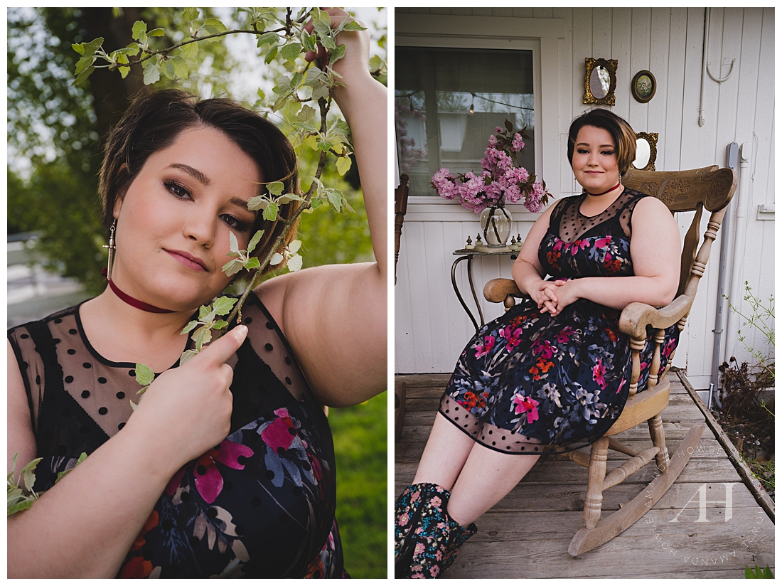 How to Style a Black Floral Dress | Floral Boots for Senior Photos, Pose Ideas for High School Senior Girls | Photographed by the Best Tacoma Senior Photographer Amanda Howse Photography