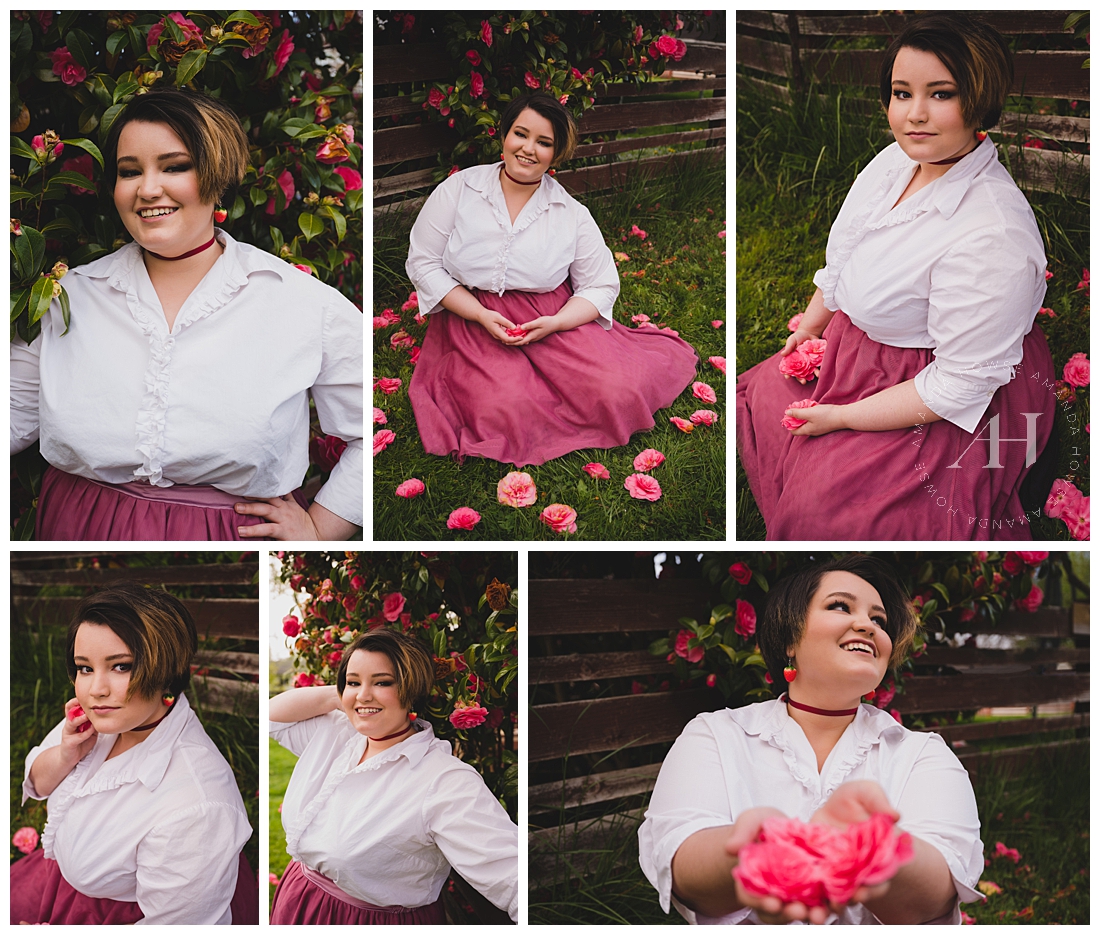 How to Style a Long Skirt for Senior Portraits | Short Hair Inspiration, Hair and Makeup Ideas for Senior Portraits, Floral Senior Portraits | Photographed by the Best Tacoma Senior Photographer Amanda Howse Photography