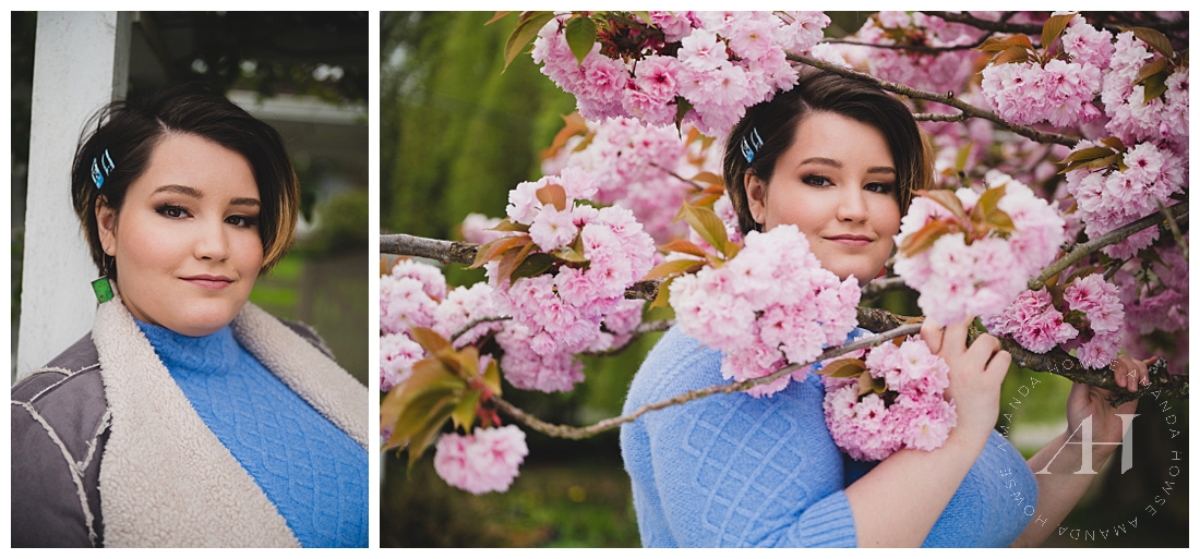 Cute Senior Session in April with Cherry Blossoms | What to Wear for Spring Senior Portraits | Photographed by the Best Tacoma Senior Photographer Amanda Howse Photography