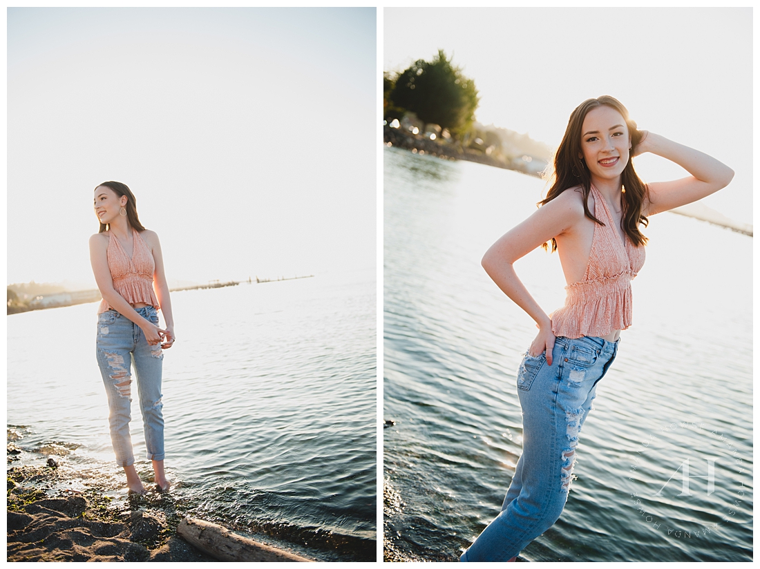 Senior Portraits with High School Girl in the Water | Beachy Senior Session, Pose Ideas for High School Senior Portraits, Outfit Inspiration | Photographed by the Best Tacoma Senior Photographer Amanda Howse Photography