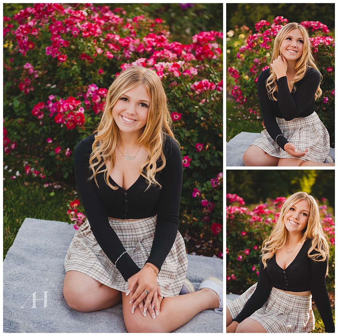How to Use a Picnic Blanket for Senior Portraits | Senior Photo in Point Defiance Rose Garden | Photographed by the Best Tacoma Senior Portrait Photographer Amanda Howse Photography