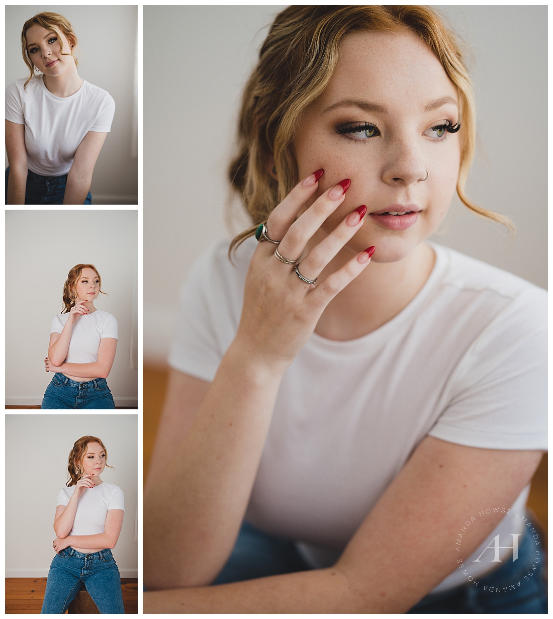 Classic Senior Portraits with a White T-Shirt and Jeans | Indoor Senior Portraits, Pose Ideas for Senior Girls  | Photographed by the Best Tacoma Senior Portrait Photographer Amanda Howse Photography