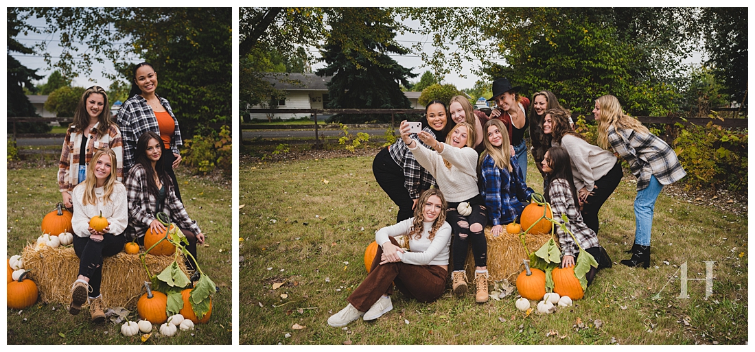 Group Portrait Session with Hay Bales and Pumpkin | Fun Fall Portraits with Friends | Photographed by the Best Tacoma Senior Portrait Photographer Amanda Howse Photography 