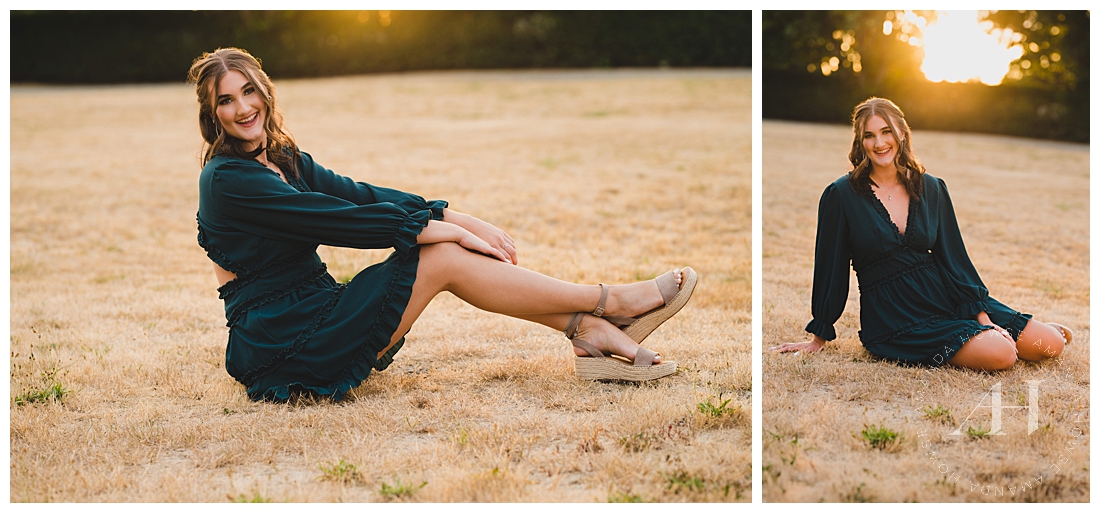 Rustic Senior Photos at Fort Stilly | Teal Dress and Cute Sandals, Outfit Inspiration for Senior Photos | Photographed by the Best Tacoma Senior Photographer Amanda Howse Photography