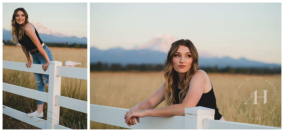 Senior Portraits with a White Fence | Mountain Views for Senior Photos, Lake Tapps Senior Portraits | Photographed by the Best Tacoma Senior Photographer Amanda Howse Photography