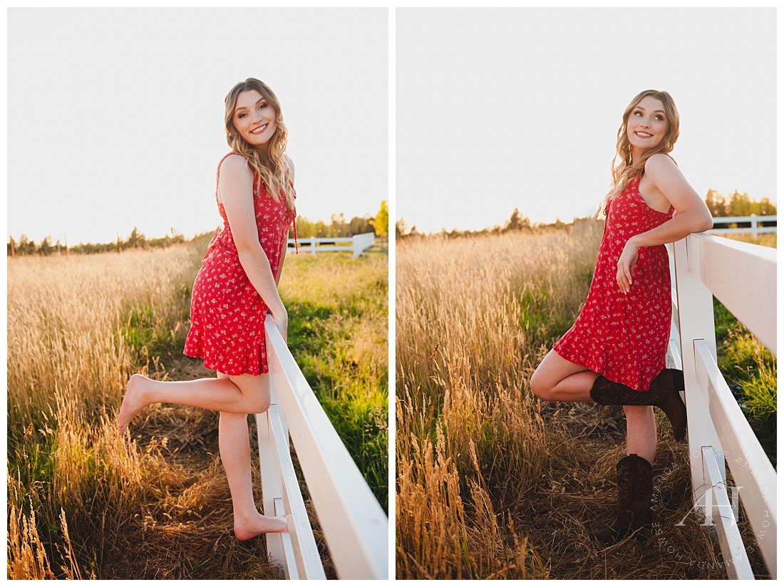 Open Field Senior Portraits with White Fencing | What to Wear for Senior Portraits | Photographed by the Best Tacoma Senior Photographer Amanda Howse Photography
