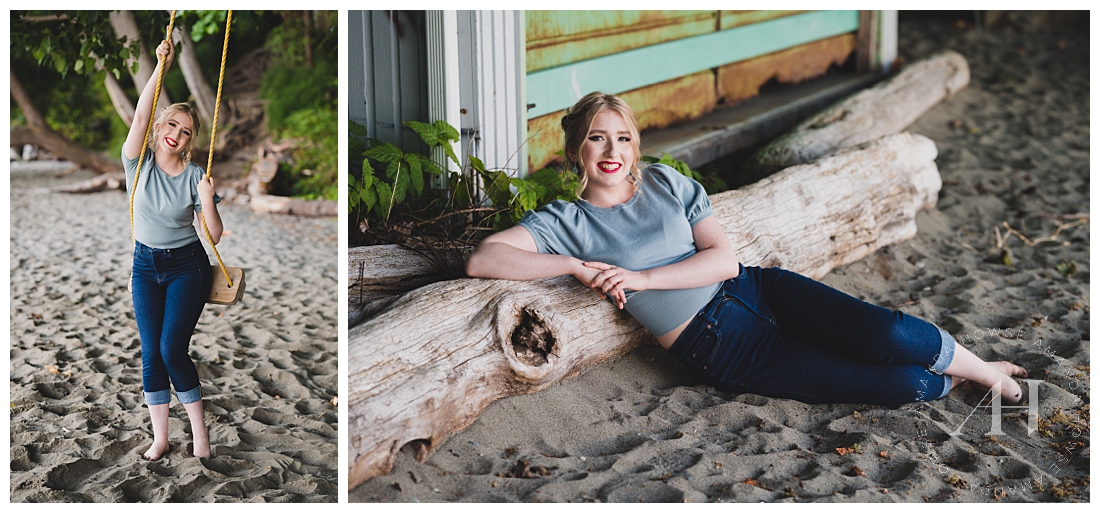 Senior Posing on Tree Swing and Driftwood | Inspiration for Outdoor Senior Photos | Photographed by the Best Tacoma Senior Portrait Photographer Amanda Howse Photography