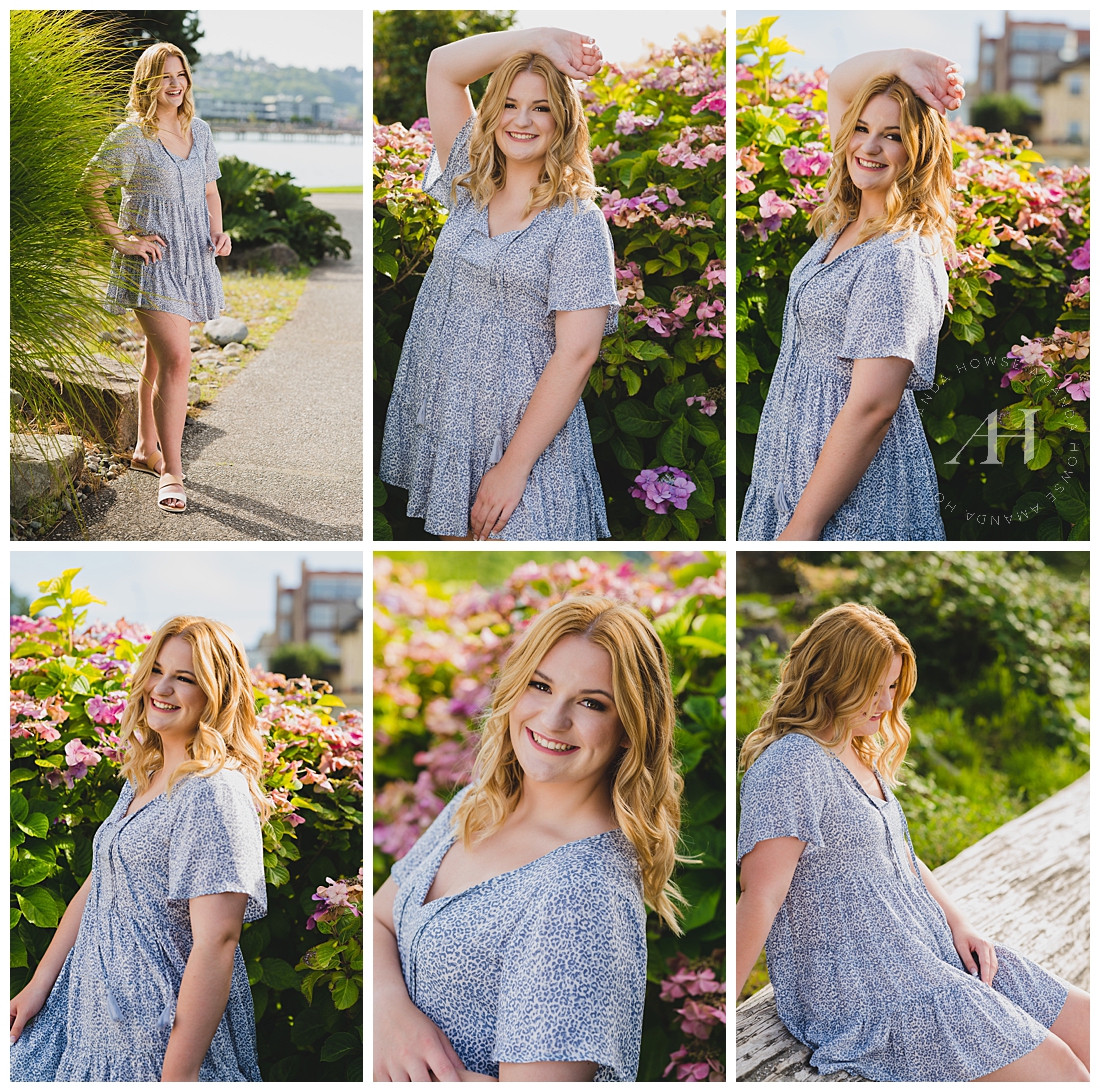 Cute Senior Poses for High School Girls | Blue Summer Dress Inspo, Natural Floral Backgrounds | Photographed by the Best Tacoma Senior Photographer Amanda Howse Photography