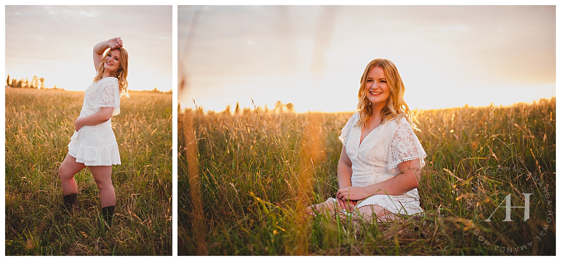  Summer Sunset Photoshoot with Wild Grass Field | White Summer Dress with Cowgirl Boots | Photographed by the Best Tacoma Senior Photographer Amanda Howse Photography