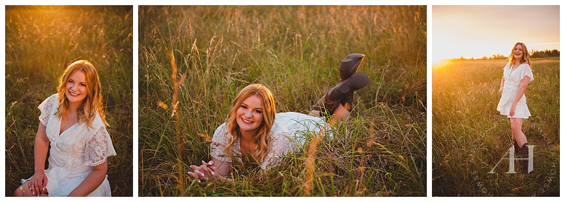 Rustic Sunset Shots with White Dress and Boots | High School Senior Photo Inspiration, What to Wear For Summer Senior Photographs, Rustic Summer Photoshoot with Sunset Background | Photographed by the Best Tacoma Senior Photographer Amanda Howse Photography