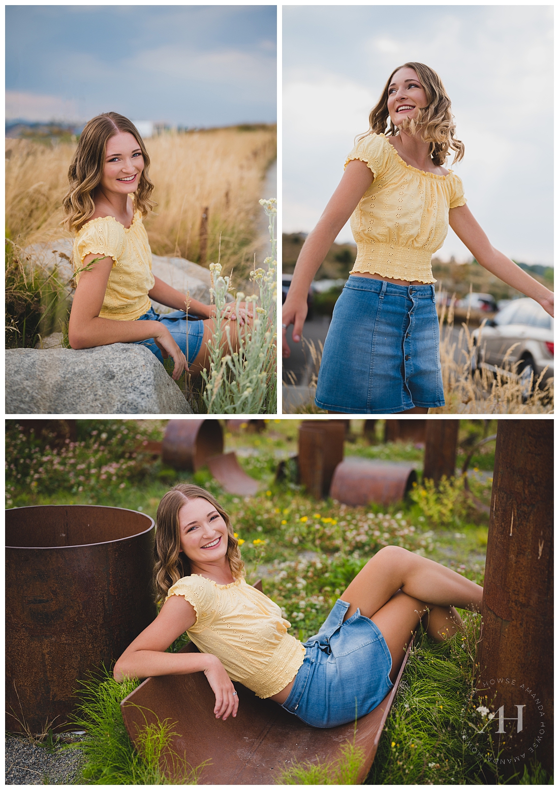 Tips for Cute Poses at Park | Jean Skirt Outfit Ideas, Outdoor Senior Photos | Photographed by the Best Tacoma Senior Photographer Amanda Howse Photography