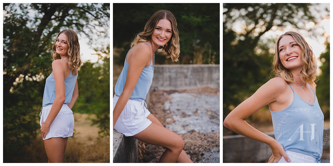 August Senior Photoshoot at Fort Stilly | Tank Top and Shorts Outfit Combo, Ideas for Casual Portraits | Photographed by the Best Tacoma Senior Photographer Amanda Howse Photography