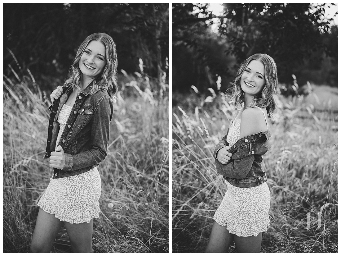 Black and White Senior Photo Inspiration | Jean Jacket and Dress Outfit Ideas | Photographed by the Best Tacoma Senior Photographer Amanda Howse Photography