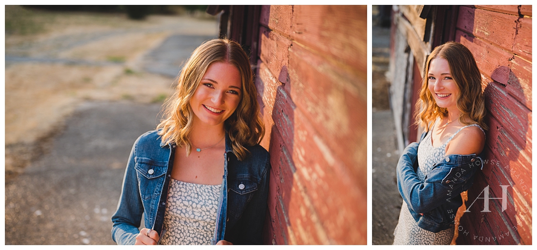 Senior Photos with Cute Rustic Red Wall | Smiley Senior Photos, Red White and Blue Color-themed Senior Pics | Photographed by the Best Tacoma Senior Photographer Amanda Howse Photography