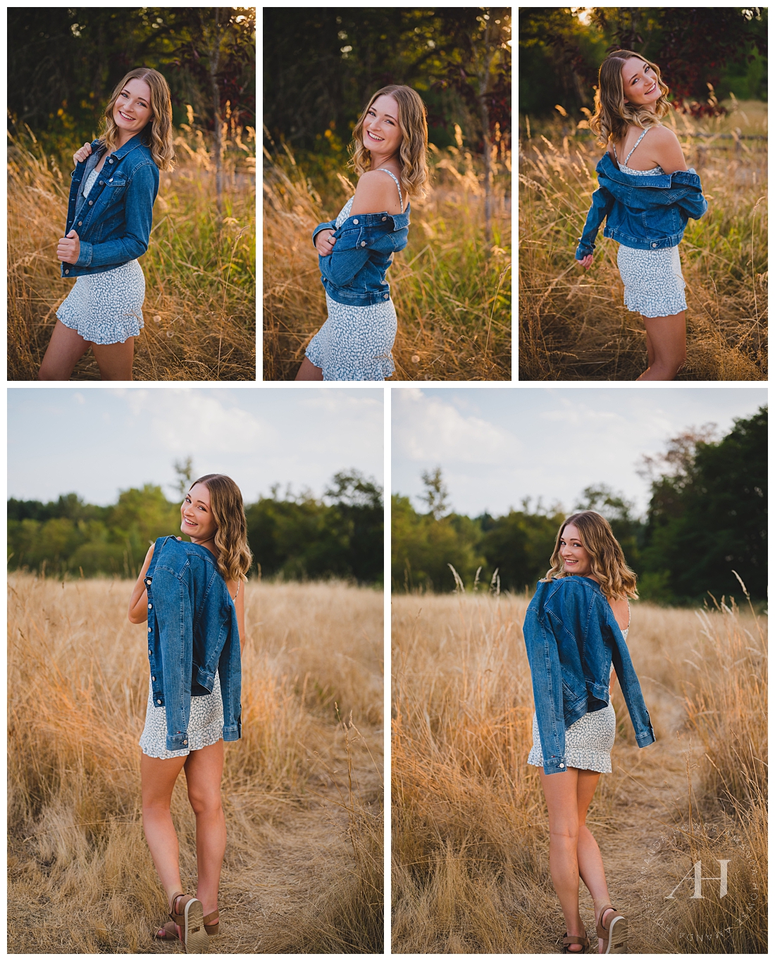Best Jean Jacket Outfit Ideas for Senior Pics | Cute Rural Locations in Tacoma for Photoshoots, Patterned Dress and Jean Jacket Outfit | Photographed by the Best Tacoma Senior Photographer Amanda Howse Photography
